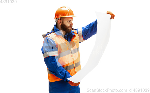 Image of Handsome contractor, builder isolated over white studio background