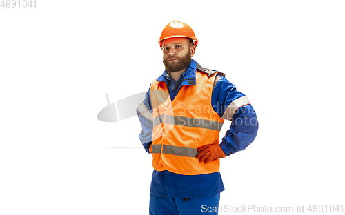 Image of Handsome contractor, builder isolated over white studio background