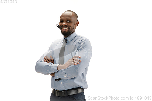 Image of Young african-american call center consultant with headset isolated on white studio background