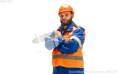 Image of Handsome contractor, builder isolated over white studio background