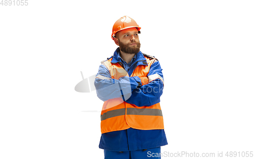 Image of Handsome contractor, builder isolated over white studio background