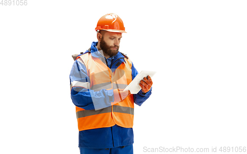 Image of Handsome contractor, builder isolated over white studio background