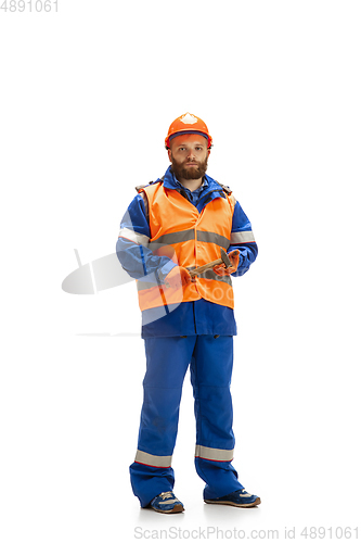 Image of Handsome contractor, builder isolated over white studio background