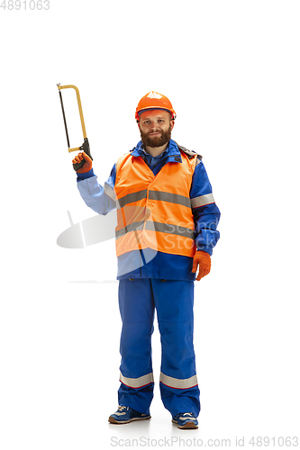 Image of Handsome contractor, builder isolated over white studio background