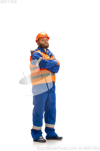 Image of Handsome contractor, builder isolated over white studio background