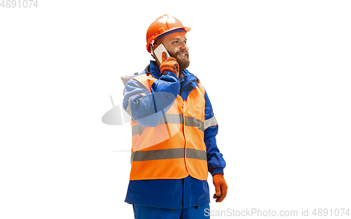 Image of Handsome contractor, builder isolated over white studio background