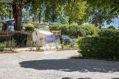 Image of MEURSAULT, BURGUNDY, FRANCE - JULY 9, 2020: View to the trailer tent in camping