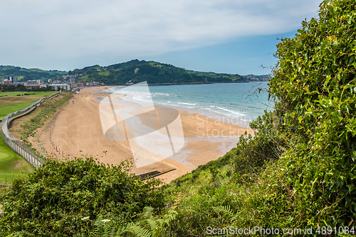 Image of Aerial view to the Zarautz Beach, Basque Country, Spain on a beautiful summer day