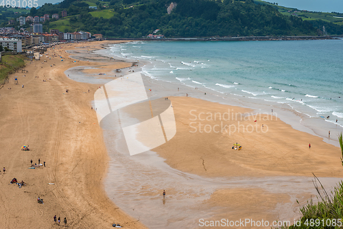 Image of Aerial view to the Zarautz Beach, Basque Country, Spain on a beautiful summer day