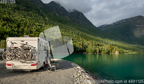 Image of Family vacation travel RV, holiday trip in motorhome