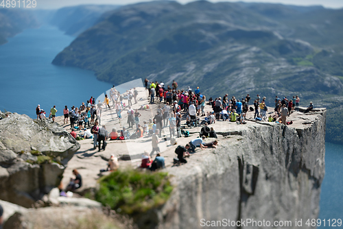 Image of Tilt shift lens. Pulpit Rock Preikestolen Beautiful Nature Norwa