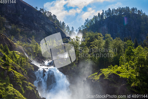 Image of Latefossen Waterfall Odda Norway. Latefoss is a powerful, twin w
