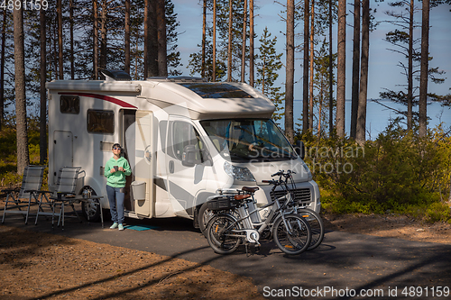 Image of Family vacation travel RV, holiday trip in motorhome