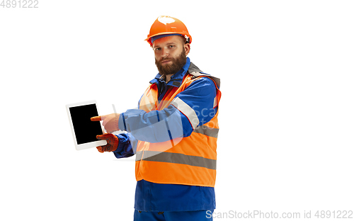 Image of Handsome contractor, builder isolated over white studio background