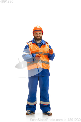 Image of Handsome contractor, builder isolated over white studio background