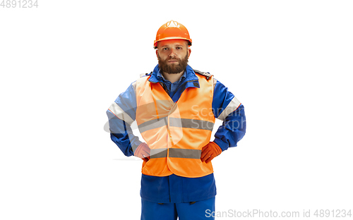 Image of Handsome contractor, builder isolated over white studio background