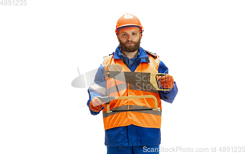 Image of Handsome contractor, builder isolated over white studio background