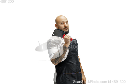 Image of Portrait of a male chef cook, butcher isolated on a white studio background