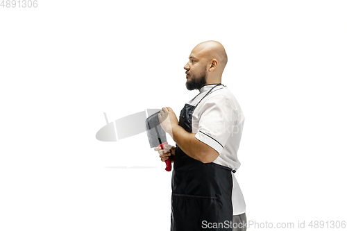 Image of Portrait of a male chef cook, butcher isolated on a white studio background