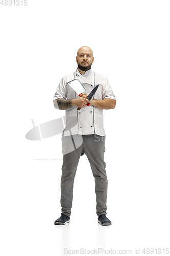 Image of Portrait of a male chef cook, butcher isolated on a white studio background
