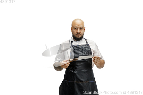 Image of Portrait of a male chef cook, butcher isolated on a white studio background