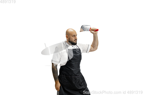 Image of Portrait of a male chef cook, butcher isolated on a white studio background