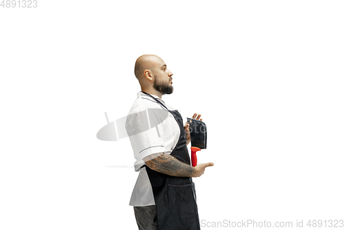 Image of Portrait of a male chef cook, butcher isolated on a white studio background