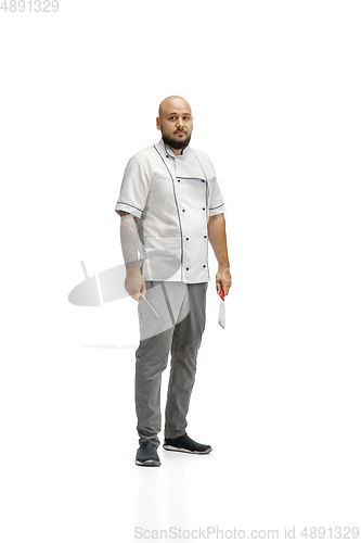 Image of Portrait of a male chef cook, butcher isolated on a white studio background