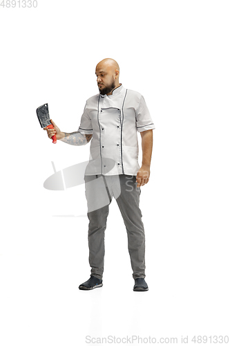 Image of Portrait of a male chef cook, butcher isolated on a white studio background