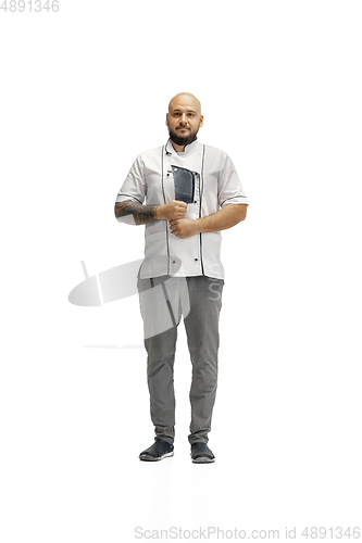 Image of Portrait of a male chef cook, butcher isolated on a white studio background
