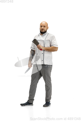 Image of Portrait of a male chef cook, butcher isolated on a white studio background