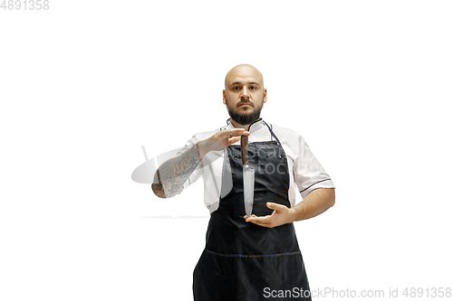 Image of Portrait of a male chef cook, butcher isolated on a white studio background