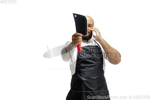 Image of Portrait of a male chef cook, butcher isolated on a white studio background