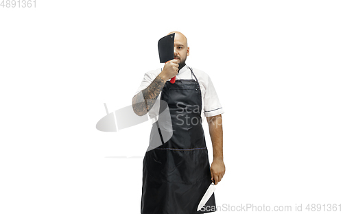 Image of Portrait of a male chef cook, butcher isolated on a white studio background