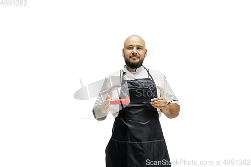 Image of Portrait of a male chef cook, butcher isolated on a white studio background
