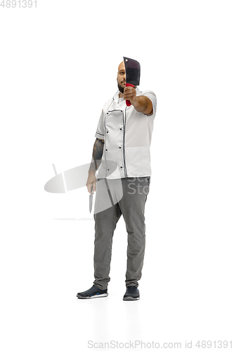 Image of Portrait of a male chef cook, butcher isolated on a white studio background