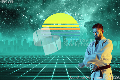 Image of Synth wave and retro wave, vaporwave futuristic aesthetics. Sportsman in glowing neon style.
