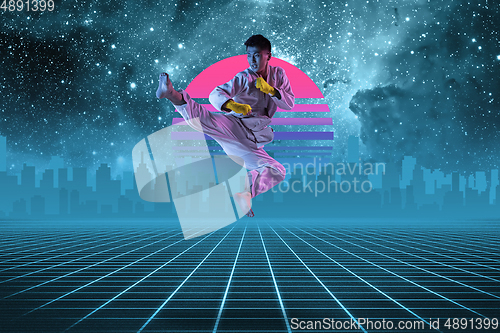 Image of Synth wave and retro wave, vaporwave futuristic aesthetics. Sportsman in glowing neon style.