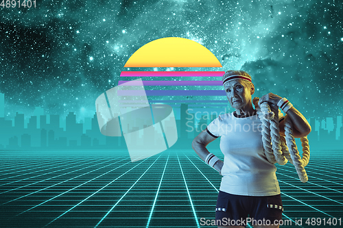 Image of Synth wave and retro wave, vaporwave futuristic aesthetics. Sportsman in glowing neon style.