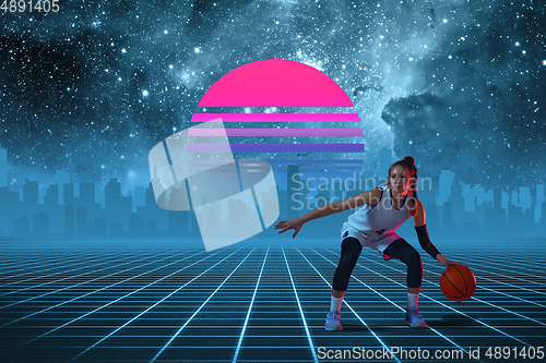 Image of Synth wave and retro wave, vaporwave futuristic aesthetics. Sportsman in glowing neon style.