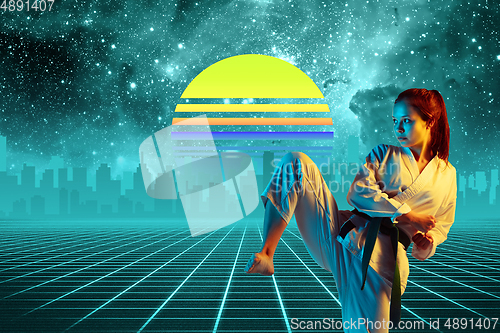 Image of Synth wave and retro wave, vaporwave futuristic aesthetics. Sportsman in glowing neon style.