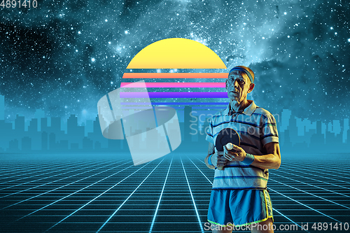 Image of Synth wave and retro wave, vaporwave futuristic aesthetics. Sportsman in glowing neon style.