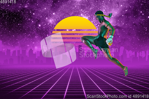 Image of Synth wave and retro wave, vaporwave futuristic aesthetics. Sportsman in glowing neon style.