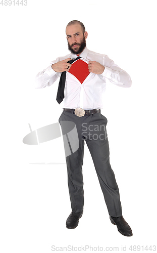 Image of Young handsome man showing his red undershirt 