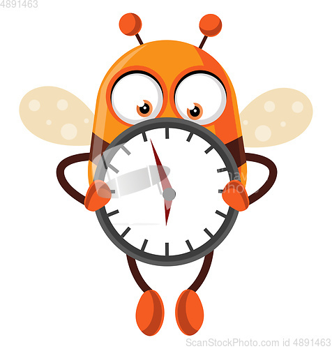 Image of Bee holding a clock, illustration, vector on white background.