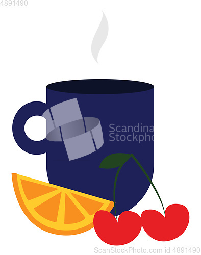 Image of Image of blue cup & fruits, vector or color illustration.