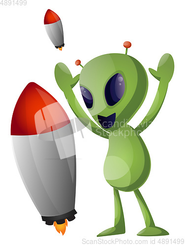 Image of Alien with rocket, illustration, vector on white background.