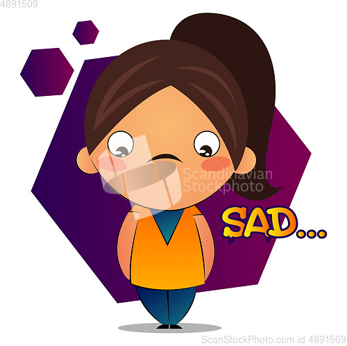 Image of Sad girl with brown ponytail and purple hexagon, illustration, v