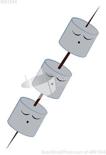 Image of Three marshmallow in single black stick, vector or color illustr