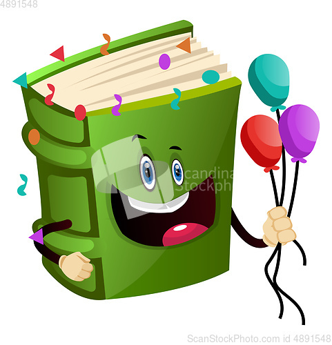 Image of Green book holding balloons, illustration, vector on white backg